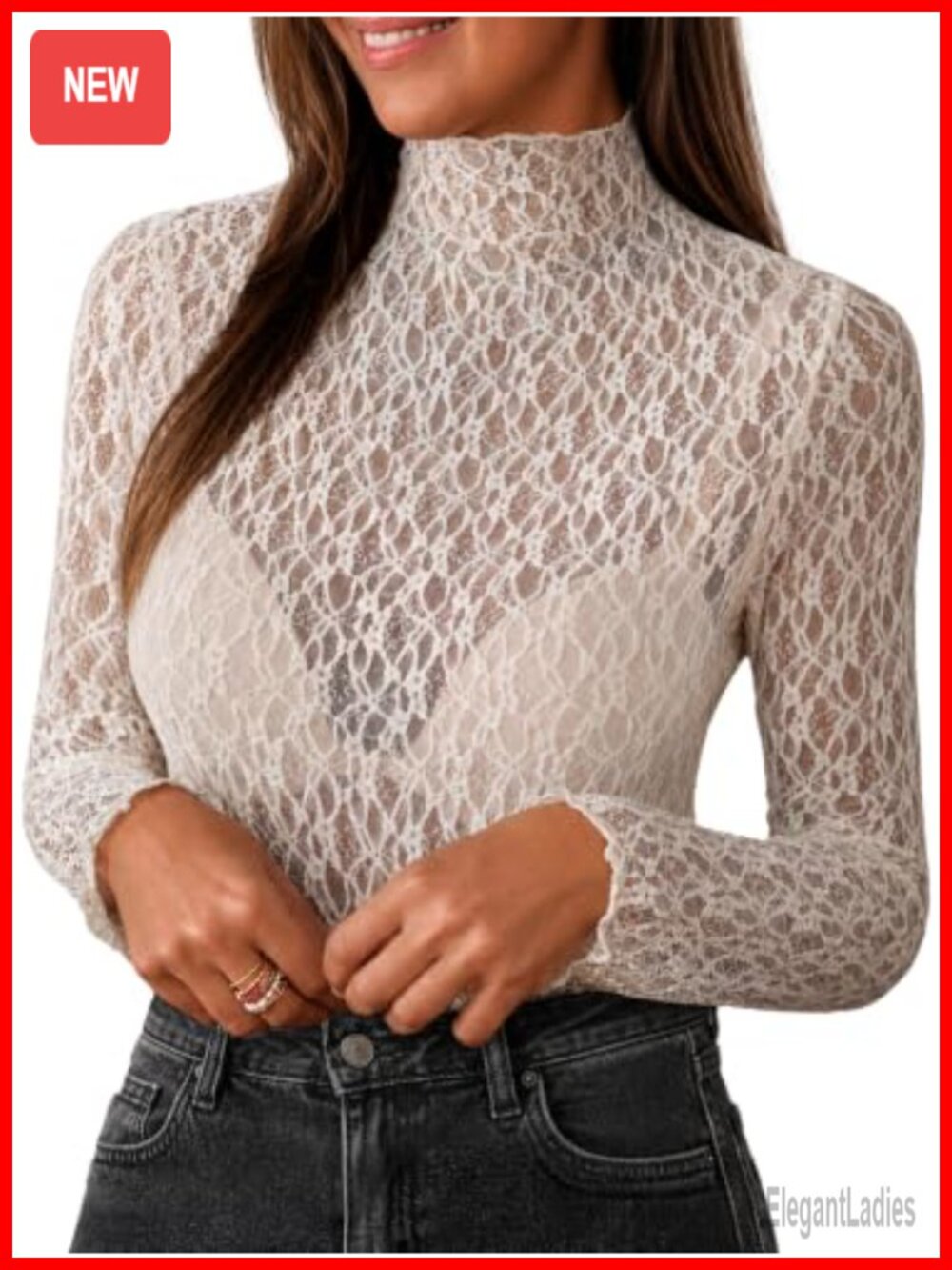 Lace Mock Neck Long Sleeve Sheer Mesh Top